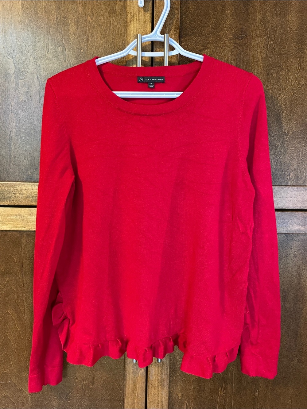 Adrianna Papell Red Ruffle-Hem Long Sleeve Thin Knit Sweater